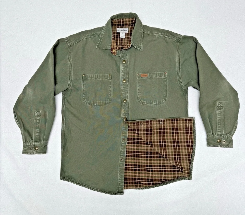 2007 Mens M Carhartt Snap Front Shirt Jacket Green Canvas Flannel Lined